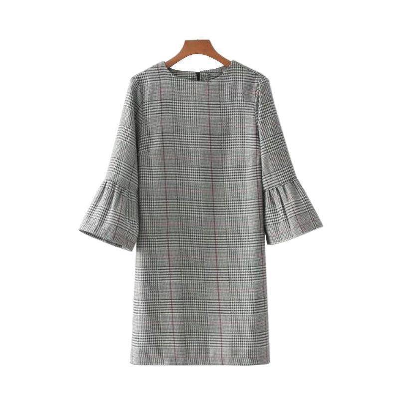 Clothing gray / S (US 8-10) Vintage flare sleeve  plaid long shirt / mini dresses  (US 8-16)