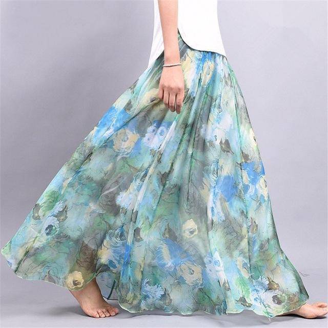 Clothing Green Fits 20"-39" waist, Chiffon Floral Printed Boho long (Floor Length) Skirt  Fits up to (US 16)