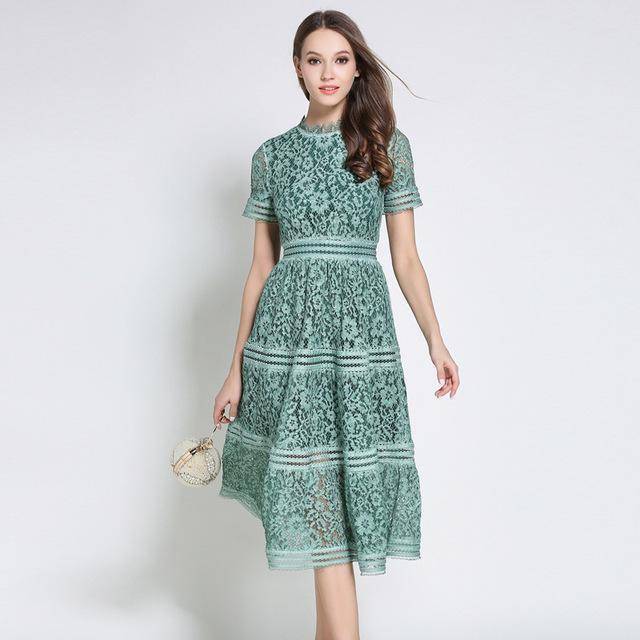 clothing Green / S (US 0-2) Hollow Out Casual Lace knee length Dress (US 0-10)
