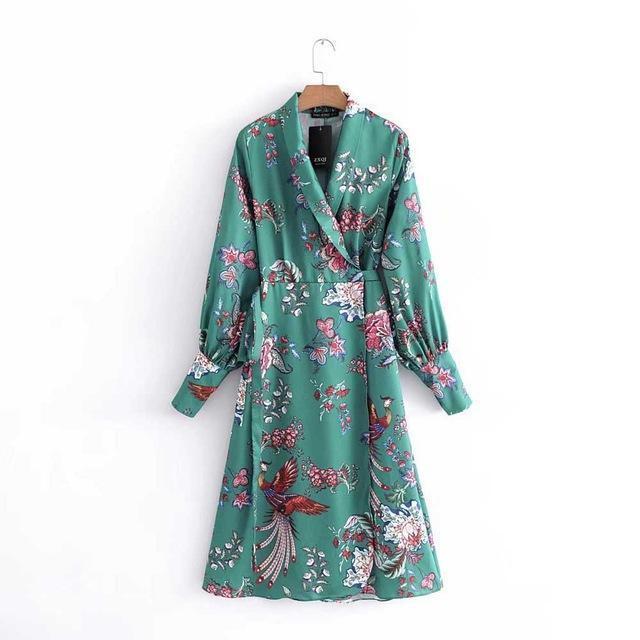Clothing GREEN / S (US 2) Kimono Green floral knee length Dress (US 2-6)