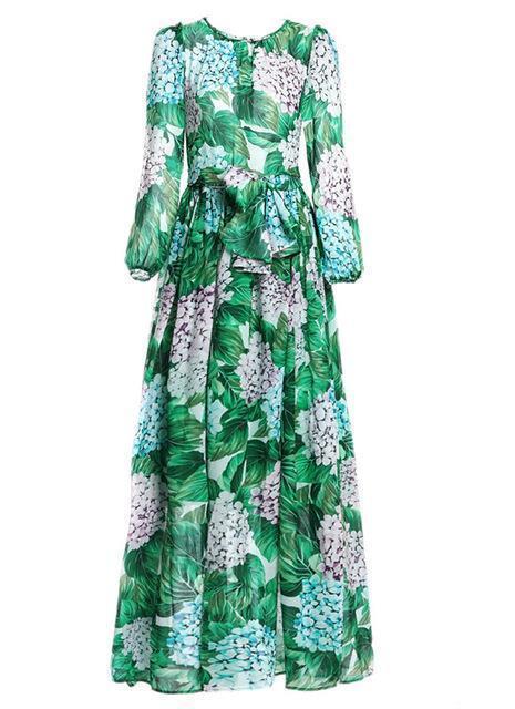 www.Nuroco.com - Runway Hydrangea Floral Fall Dress Women Green Leaves Flower Print Diamond Buttons www.Nuroco.com - Runway Hydrangea Floral Fall Dress Women Green Leaves Flower Print Diamond Buttons