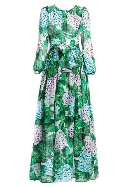 Clothing Green / S (US 2) Runway Hydrangea Floral Fall Dress Women Green Leaves Flower Print Diamond Buttons Ankle-Length Pleated Chiffon Dresses (US 2-14)