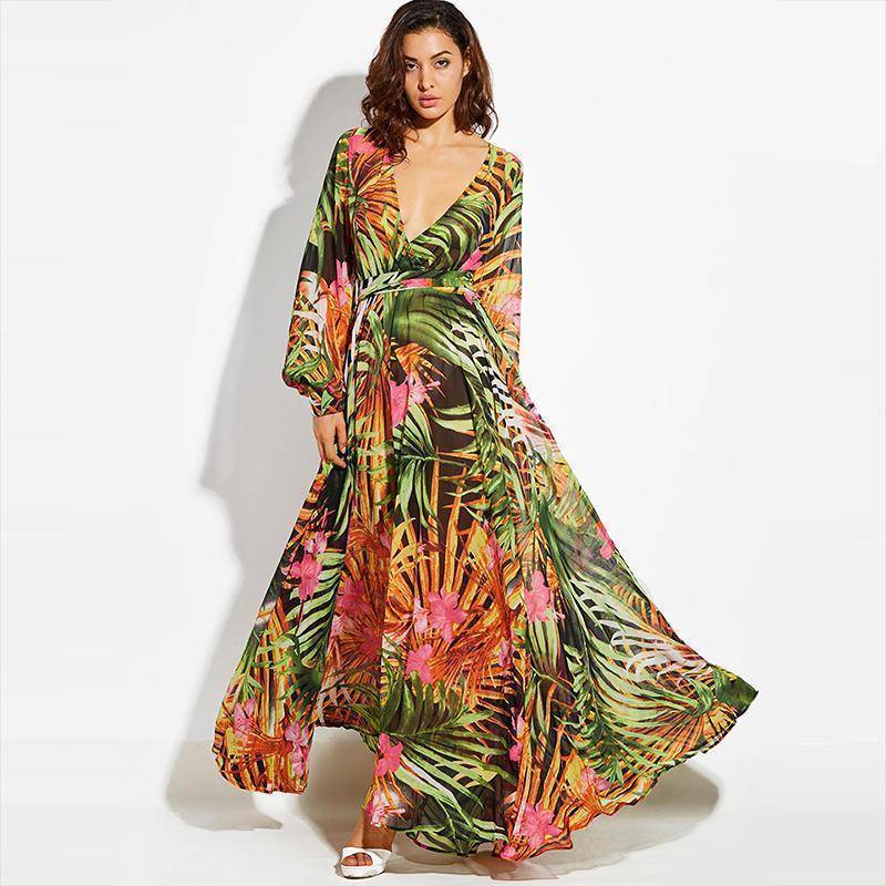 clothing Green / S (US 6-12) Tropical, Bohemian, Summer bahamas Chiffon Maxi Dress Robe (US 6 -16)