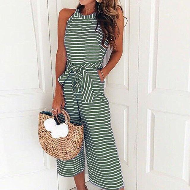 Clothing Green / S ( US 6-8) Elegant Sexy Jumpsuits Women Sleeveless Striped Jumpsuit Loose Trousers Wide Leg Pants Rompers Holiday Belted Leotard Overalls (US 6-16)
