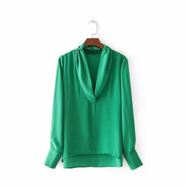 Clothing GREEN / S (US 8-10) Spring Women Sweet Blouse Long Sleeve Solid V Neck Blouse Fashion Casual Female Blouse Women Tops (US 8-14)