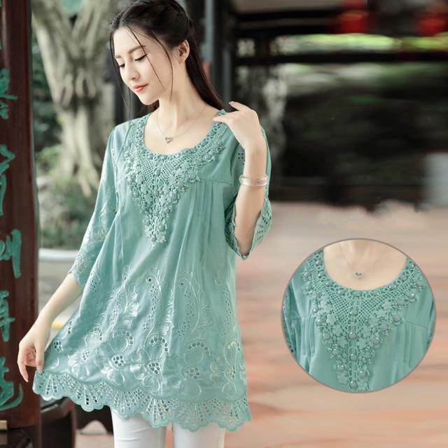 Clothing green / XL (US 14-16) summer new retro Chinese wind embroidery women blouse hollow out round neck plus size art blouse shirt top blusas 782F 30 (US 14-18W)