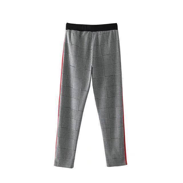 Clothing GREY RED / S (US 2-4) Full Length Plaid Striped Check High Waist Loose Harem SweatPants (US 2-8)