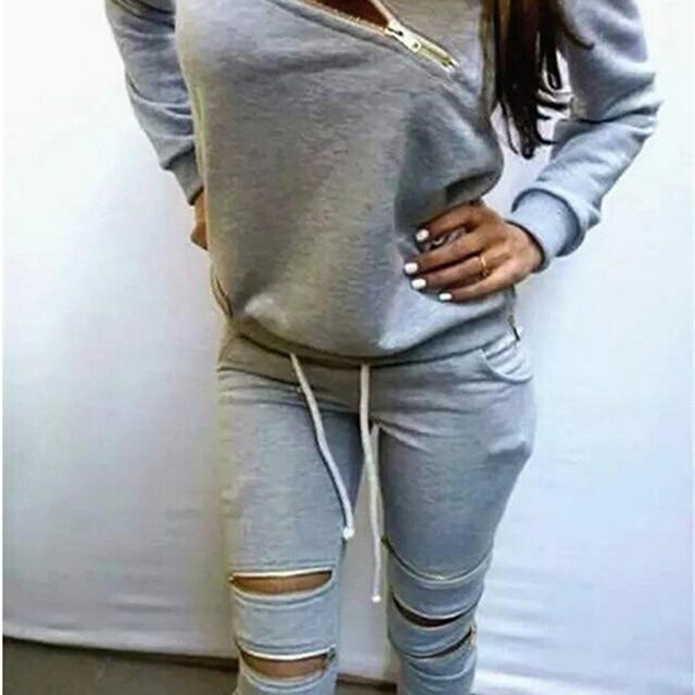 Clothing grey / S (US 4-6) Hoodies Sweatpants Women's Sets Casual 2 Pieces Women's Clothing Spring Tracksuits Sportswear Female Zipper Hole Set