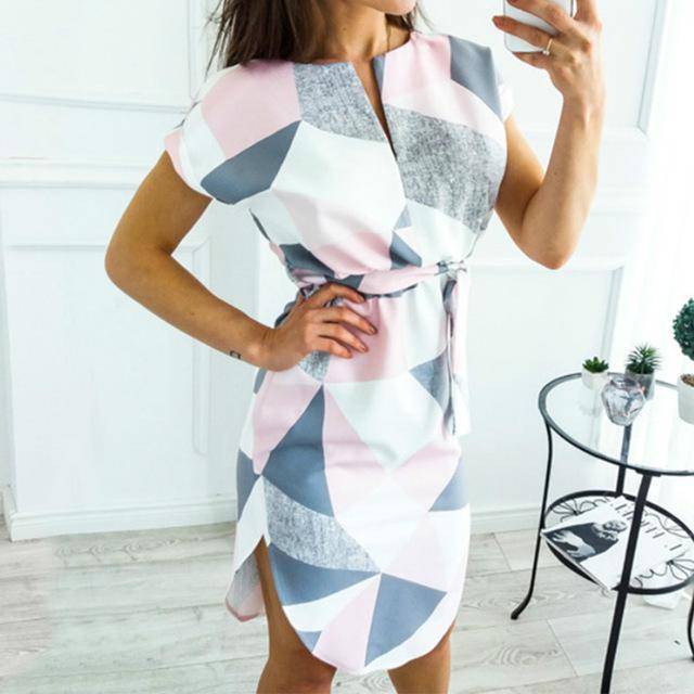 clothing Grey / S (US 8 - 10) Plus Size - Summer Casual Dresses V-neck knee length dress, short Sleeve geometric Print (US 8 -16)