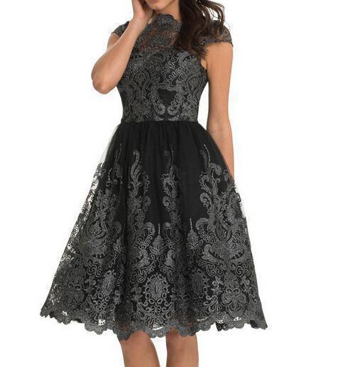 clothing Gun metal Black / S (US 4) Petite Lace Embroidery Floral short dress, formal Dresses ( US 4 - 10)