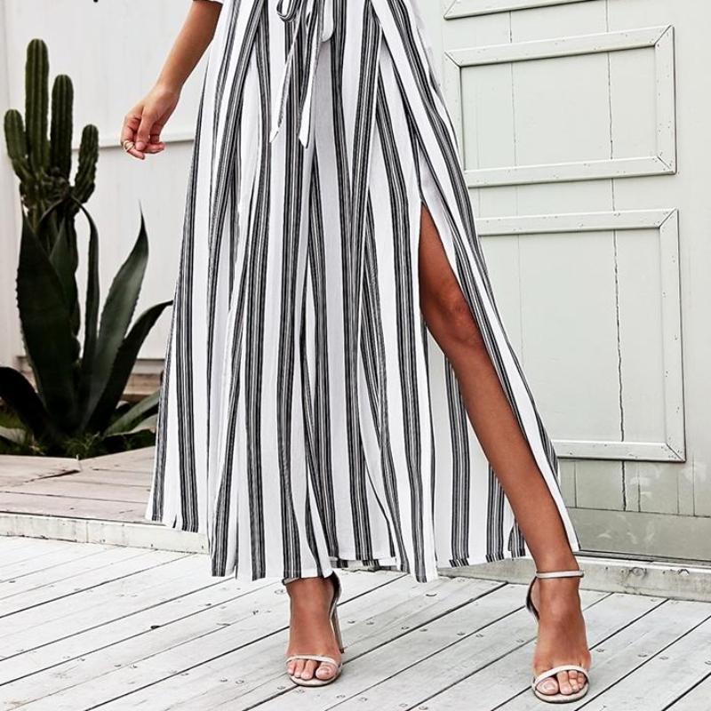 Clothing High split stripe  high waist wide leg pants