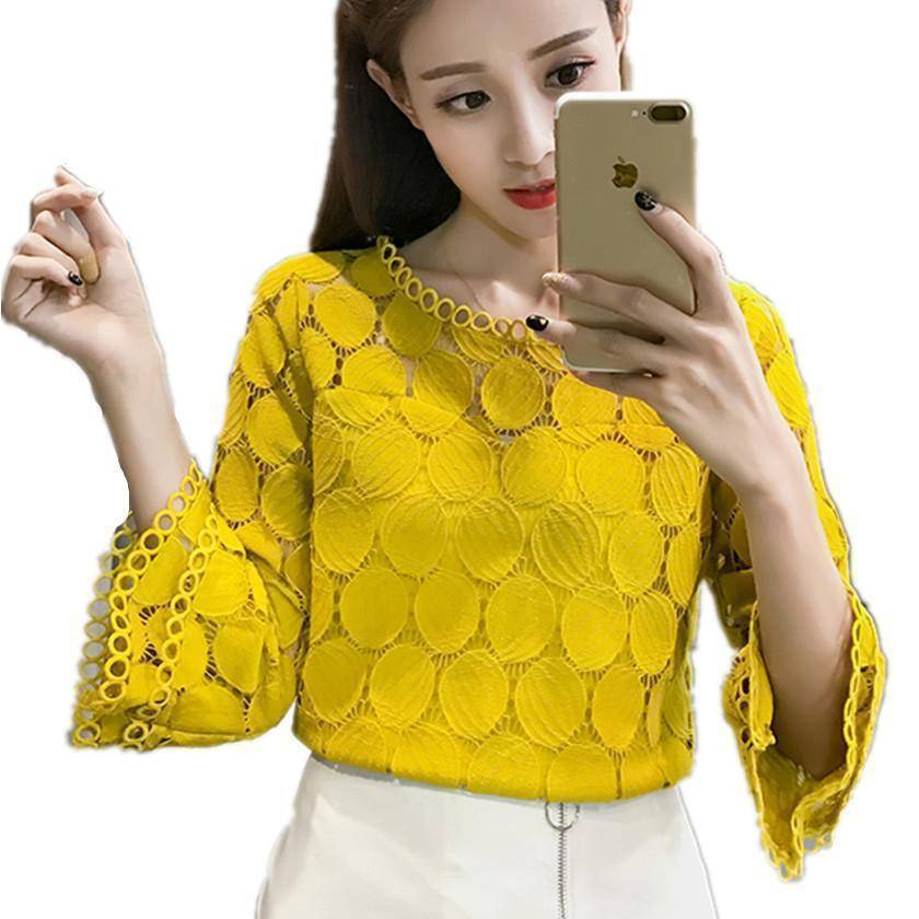 Clothing Hollow Out Lace Blouses Shirts Flare Sleeves O-Neck (US 4-16)