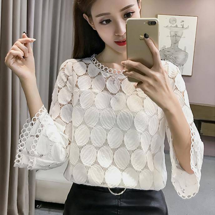 Clothing Hollow Out Lace Blouses Shirts Flare Sleeves O-Neck (US 4-16)