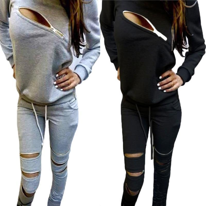 Clothing Hoodies Sweatpants Women's Sets Casual 2 Pieces Women's Clothing Spring Tracksuits Sportswear Female Zipper Hole Set