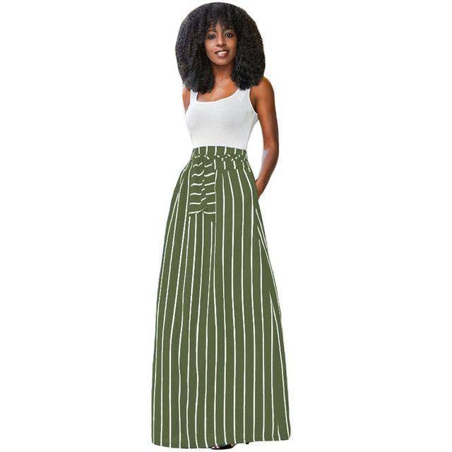 clothing khaki / S S- XL, Make yourself Look Taller and Slimmer!  Long Vertical striped Boho Skirt with side pockets