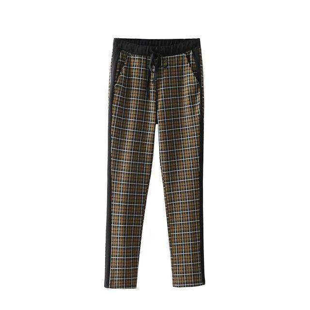 Clothing khaki / S (US 2-4) Full Length Plaid Striped Check High Waist Loose Harem SweatPants (US 2-8)