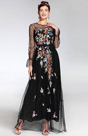 Clothing L (US 8-10) Runway Tulle Gauze Sleeves, with Floral Embroider Vintage Long Dress (US 4-16)