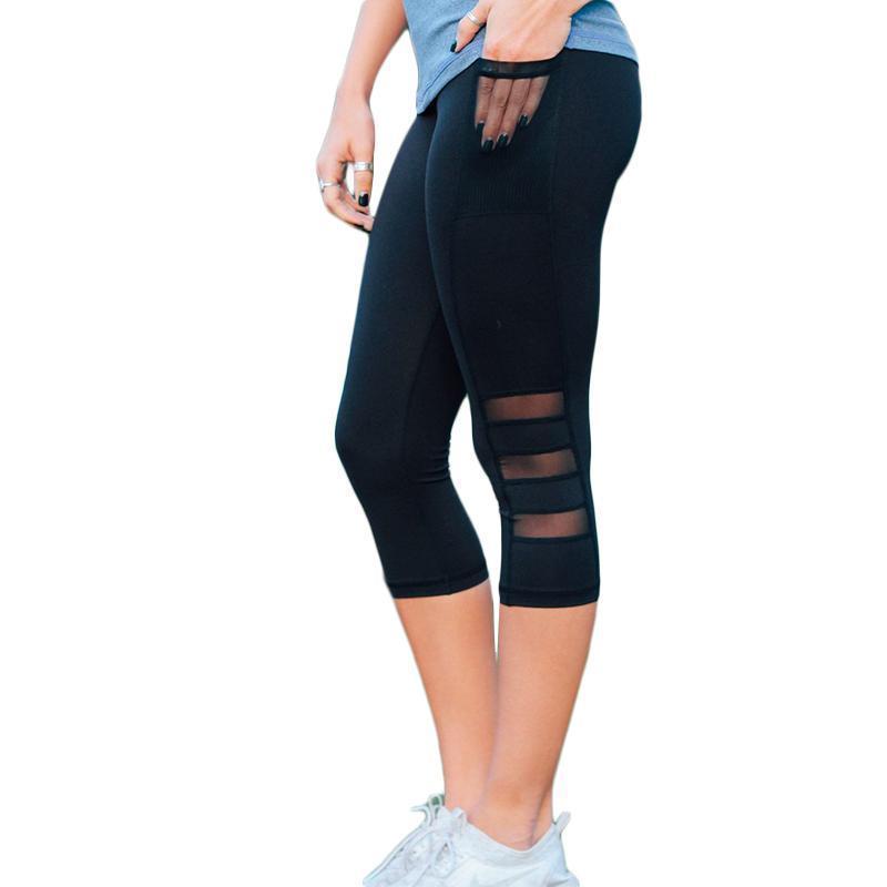 Leggings Women Mesh Stitchin Spring and summer Mid-Calf Work out Jegging  Side pockets High Waist Fitness Lady's Legging (US 6-14)