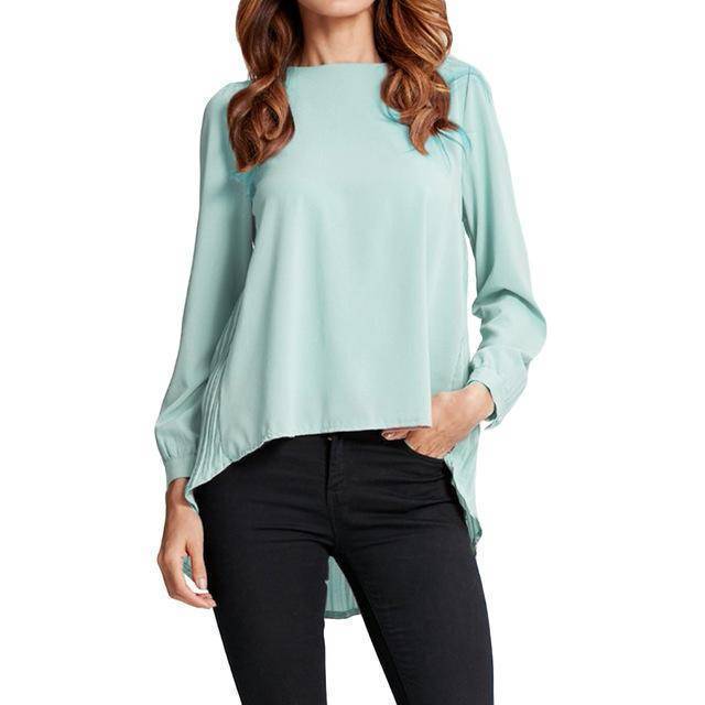 Clothing Light Blue / S (UA 8-10) Plus Size - Chiffon Blouse Pleated Back Long Sleeve Asymmetric Loose Shirt (US 8 - 20W)