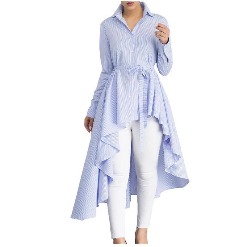 Clothing Light Blue / S (US 10-12) Plus Size - Stripe Blouse Long Sleeve Belted Tunic Top (US 10-22W)