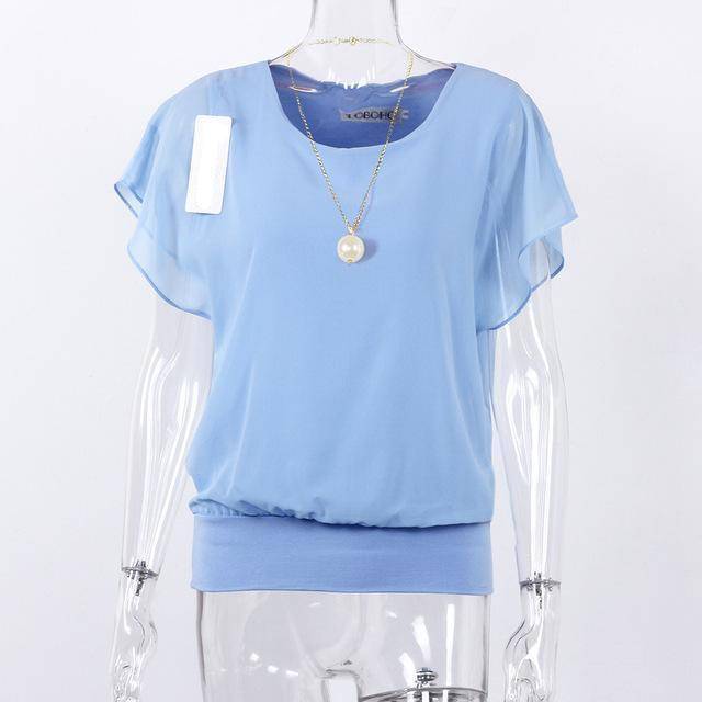 Clothing light blue / S (US 8-10) Plus Size - Chiffon Blouse Ruffle Batwing Sleeve  (US 8-20w)