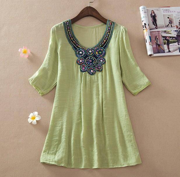 clothing light green / L (US 16-18) Plus Size - Floral Embroidery Loose Blouse (US 16-24)