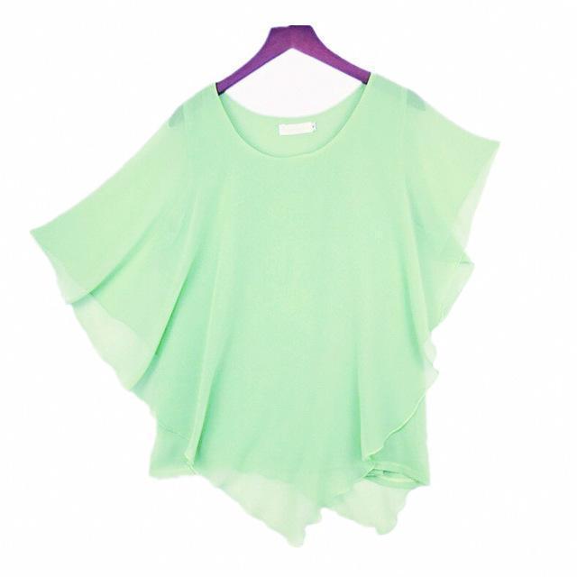 Clothing Light Green / S (US 6-8) Plus Size - 16 Color Plus size Ladies Chiffon Blouses ,Batwing sleeve tops shirts women asymmetric shirts (US 6-24W)