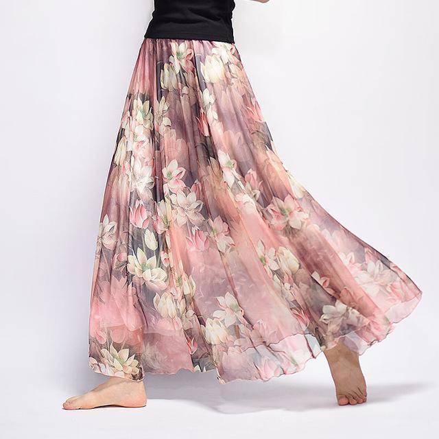 Clothing Light Pink Fits 20"-39" waist, Chiffon Floral Printed Boho long (Floor Length) Skirt  Fits up to (US 16)