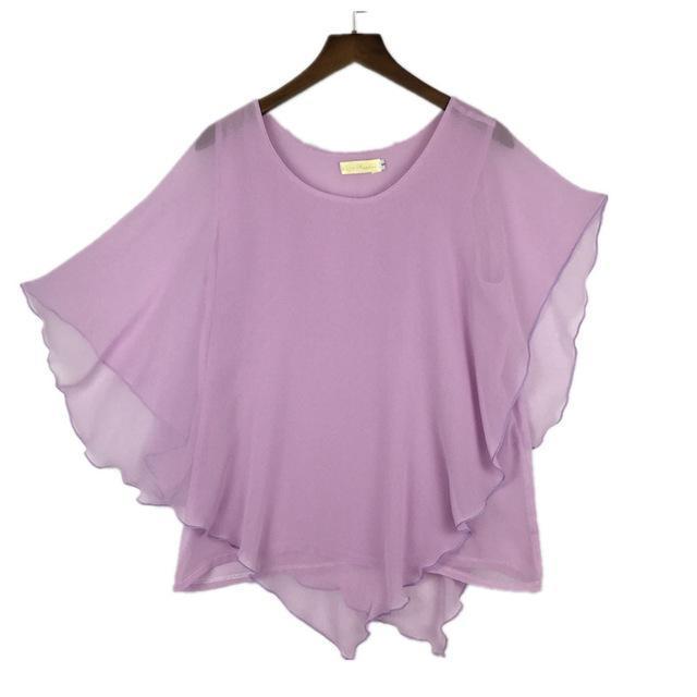 Clothing Light Purple / S (US 6-8) Plus Size - 16 Color Plus size Ladies Chiffon Blouses ,Batwing sleeve tops shirts women asymmetric shirts (US 6-24W)