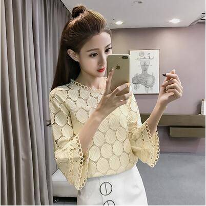 Clothing Light Yellow / S (US 4-6) Hollow Out Lace Blouses Shirts Flare Sleeves O-Neck (US 4-16)