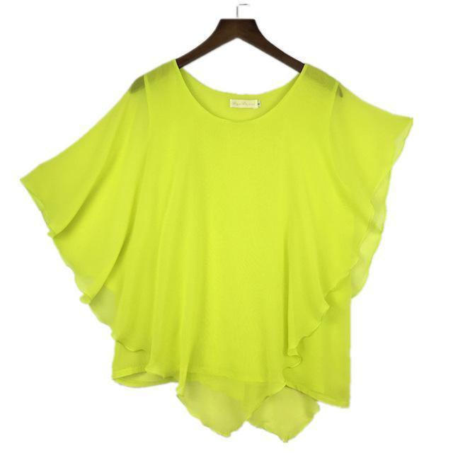 Clothing Light Yellow / S (US 6-8) Plus Size - 16 Color Plus size Ladies Chiffon Blouses ,Batwing sleeve tops shirts women asymmetric shirts (US 6-24W)