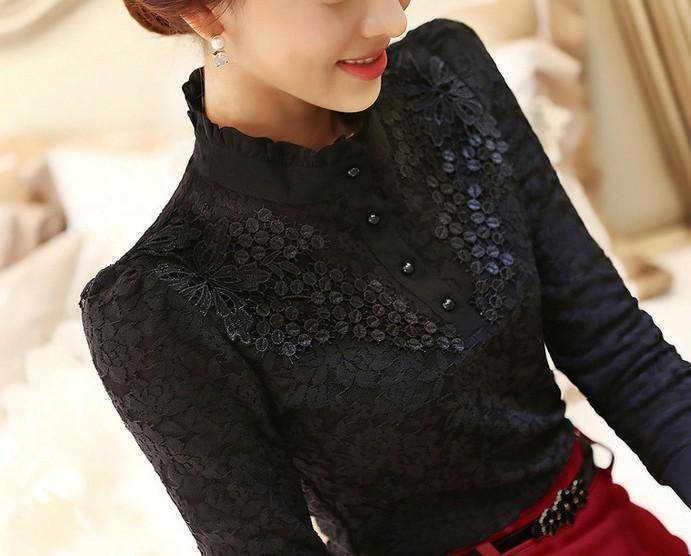 Clothing Long Sleeve Lace Floral Patchwork Chiffon Blouse Shirts  (US 2-16W)