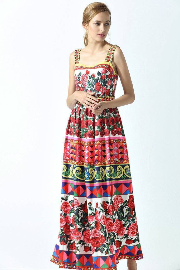 Clothing M (US 4-6) Summer Runway Spaghetti Strap Rose Flower Print Beading Long Dress (US 2-14)
