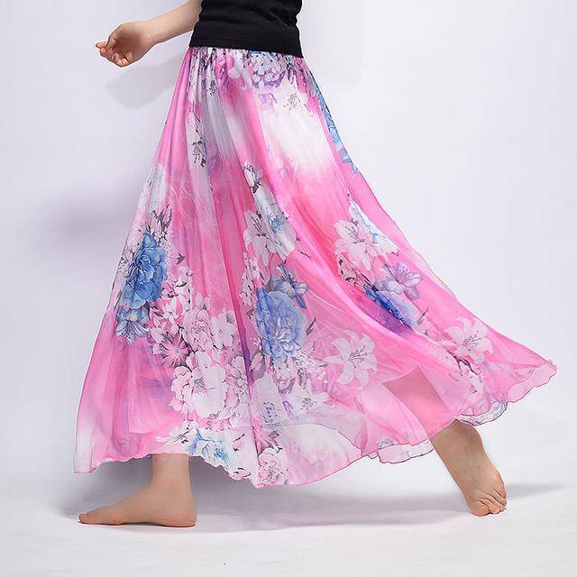 Clothing Magenta Fits 20"-39" waist, Chiffon Floral Printed Boho long (Floor Length) Skirt  Fits up to (US 16)