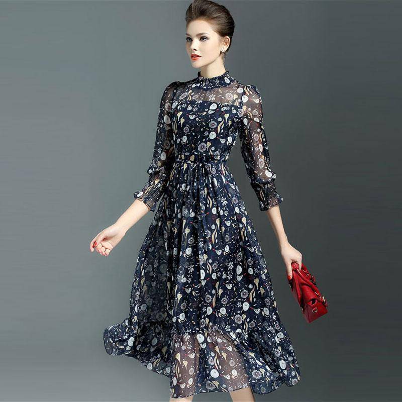 Female Summer Floral Chiffon Dress Lady Sweet Belll Sleeve Knee Length Gown