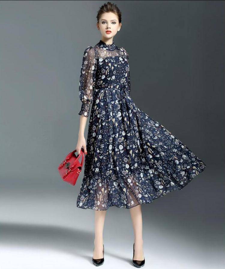 Clothing Maxi Dress For Women Sweet Ball Dresses Gown Flower Print Dresses Women Slim Elegent Vintage Silk Female Dress (US 2-14)
