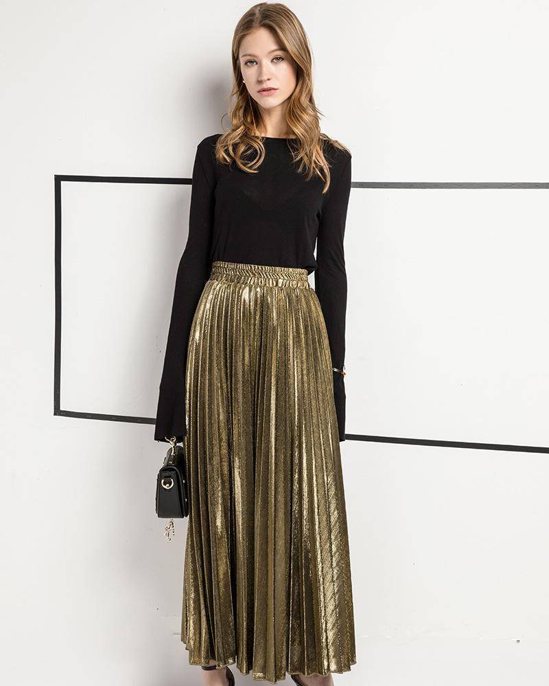 Pleated Midi Skirt Gold Pleated Skirt Inch Metallic Long Pleated