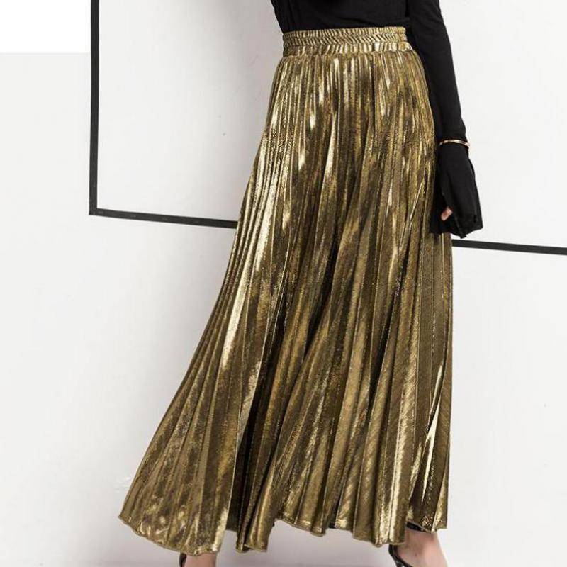 clothing Metallic Long Pleated Floor length Maxi Skirt Gold or silver  (US 8-14)