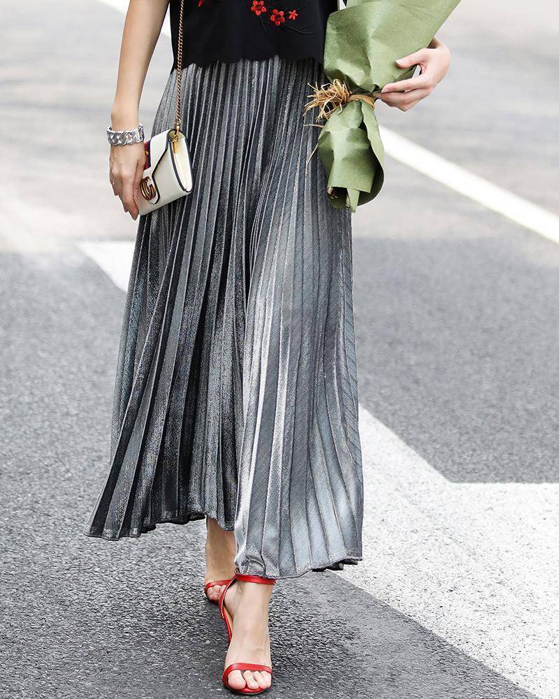 www. - Metallic Long Pleated Floor length Maxi Skirt Gold or  silver (US 8-14)