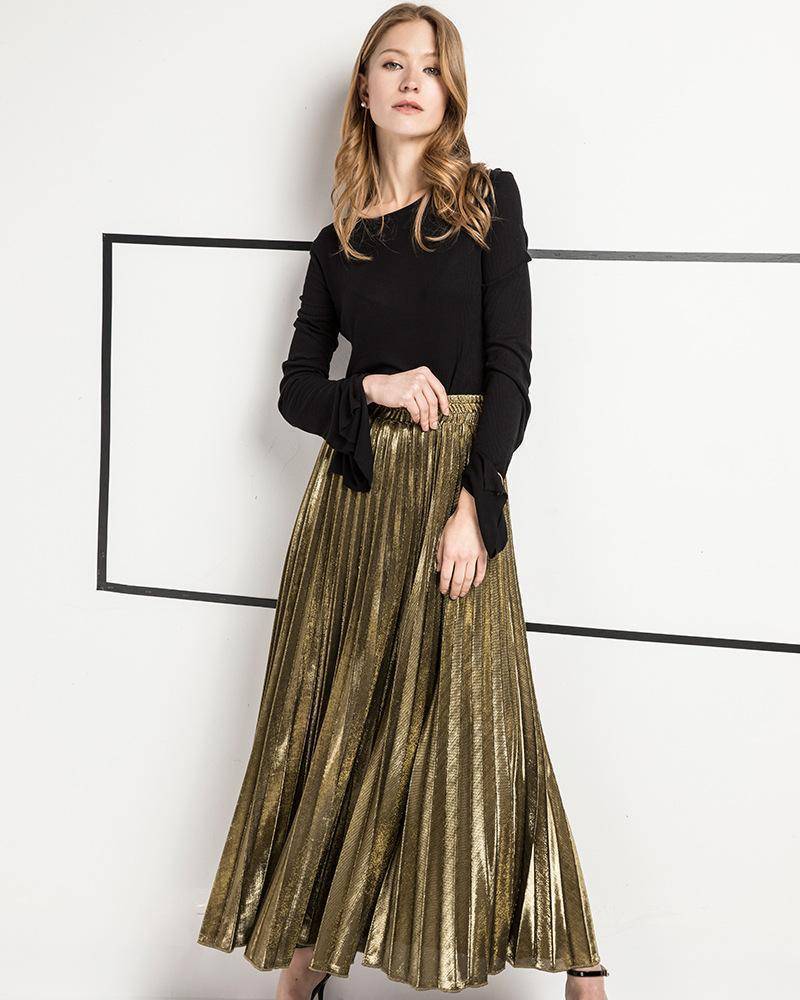 clothing Metallic Long Pleated Floor length Maxi Skirt Gold or silver  (US 8-14)