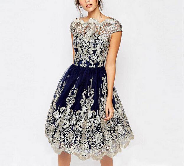 clothing Navy / S (US 4) Petite Lace Embroidery Floral short dress, formal Dresses ( US 4 - 10)