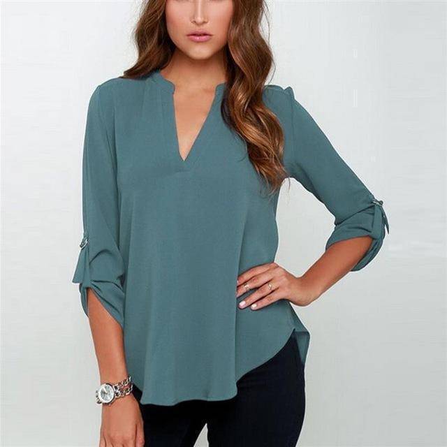 Clothing Navy / S (US 8-10) Plus Size - New Summer Fashion Women Casual V-neck Long Sleeve Blouse Casual Womens Loose Tops Blouses Clothing (8-22W)