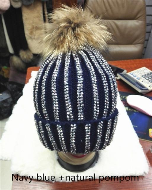 Clothing navy with natural Removable Winter Warm Fur Pom pom Knitted bling Hats,  Skullies Beanie With 15cm Fur Ball