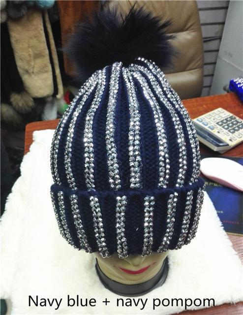 Clothing navy with navy pom Removable Winter Warm Fur Pom pom Knitted bling Hats,  Skullies Beanie With 15cm Fur Ball