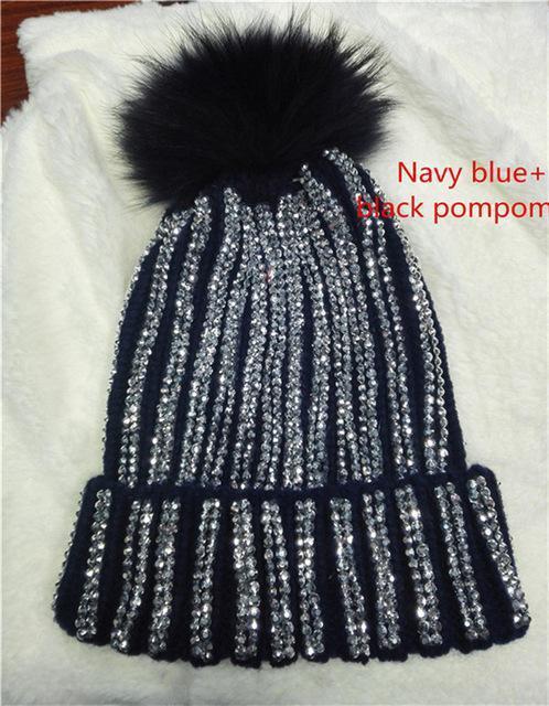 Clothing Navy with navy pom Removable Winter Warm Fur Pom pom Knitted bling Hats,  Skullies Beanie With 15cm Fur Ball