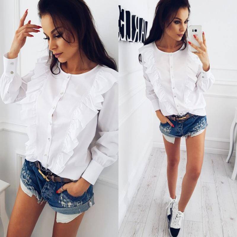 Clothing New Women Autumn Winter Cute Ruffle Slim Blouse O-neck Long Sleeve button Ladies Casual shirts (US 4-16)