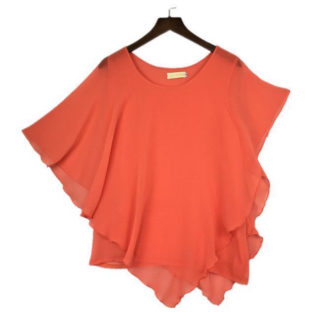 Clothing Orange / S (US 6-8) Plus Size - 16 Color Plus size Ladies Chiffon Blouses ,Batwing sleeve tops shirts women asymmetric shirts (US 6-24W)
