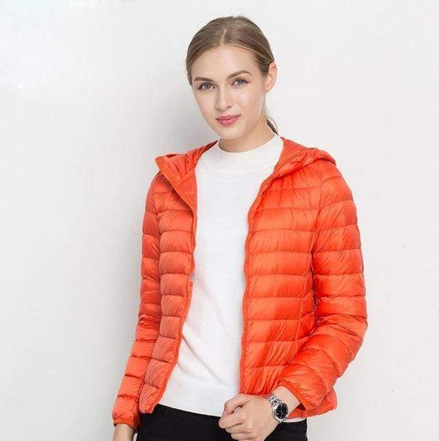 clothing Orange / S (US 6-8) Winter Women Ultra Light Down Jacket 90% Duck Down Hooded Jackets Long Sleeve Warm Slim Coat Parka Female Solid Portabl Outwear (US 6-20W)