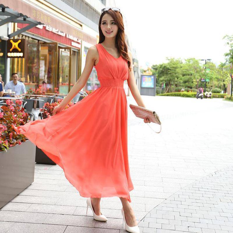 Clothing Orange / S (US 6) Bohemian Dress Slim Sleeveless Beach V-Neck 6 Color Cute Style (US 6-12)