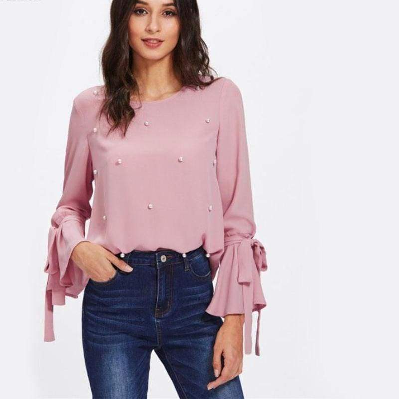 Clothing Pearl Bow Tied Flounce Sleeve Blouse Pink Round Neck Ruffle Woman Top Long Sleeve Blouse